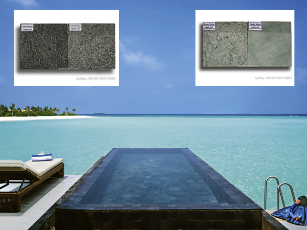 Natural stone tiles Pedra Hitam and Hijau for pool export quality applications