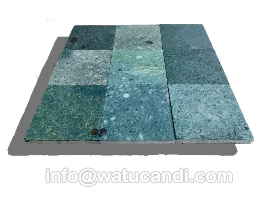 02-Original-Sukabumi-Green-Natural-Stone-Tiles watucandi.com batu hijau sukabumi pedra hijau verde natural para piscina, Close-up of original Sukabumi green natural stone tile showing characteristic mineral flecks and subtle natural color variation