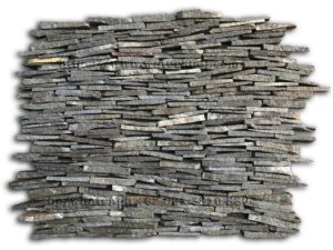 Rough split natural stone wall cladding with irregular elongated stacked pattern, length approx. 15 cm, thickness 0.5–3 cm.