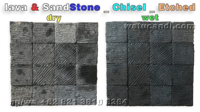 Wet and dry condition comparison of Watucandi lava sandstone natural stone with chisel-etched machine finish, highlighting the natural color change and detailed surface texture for outdoor flooring, carports, and garden pathways.