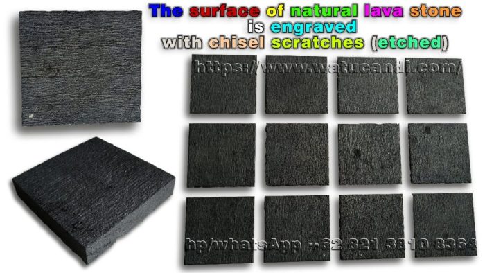 Hand-carved natural lava stone surface with machine-engraved details, Indonesian stone craftsmanship