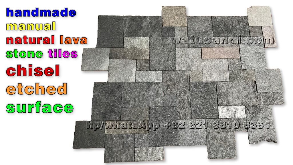 Permukaan batu lava alami buatan tangan dengan tekstur vulkanik otentik, ideal untuk pelapis dinding dan lantai rustic dan modern