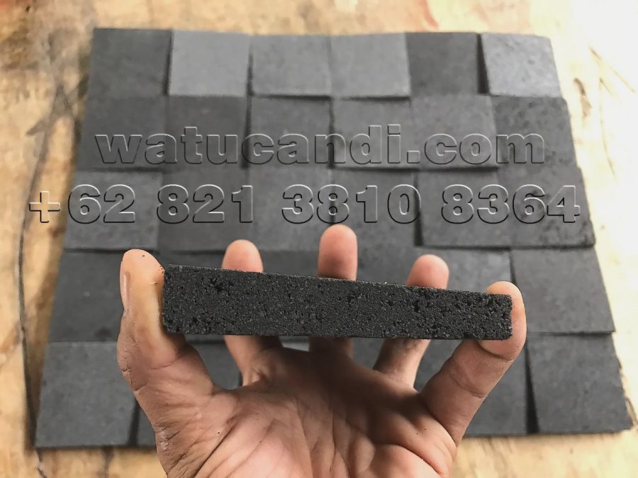 Profil samping lempengan batu alam Candi tebal sebelah, menunjukkan transisi ketebalan dari 20mm ke 10mm pada batu Merapi 3D.