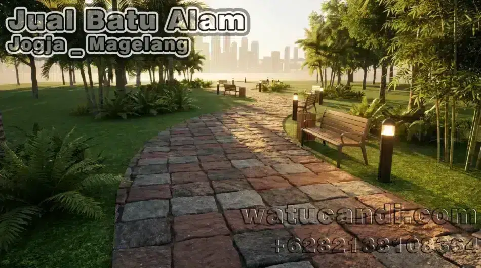 Lantai batu alam buatan tangan untuk pijakan taman dan halaman rumah Lantai batu alam persegi buatan tangan dengan rongga rumput untuk jalan setapak taman dan halaman rumah dari Watu Candi.