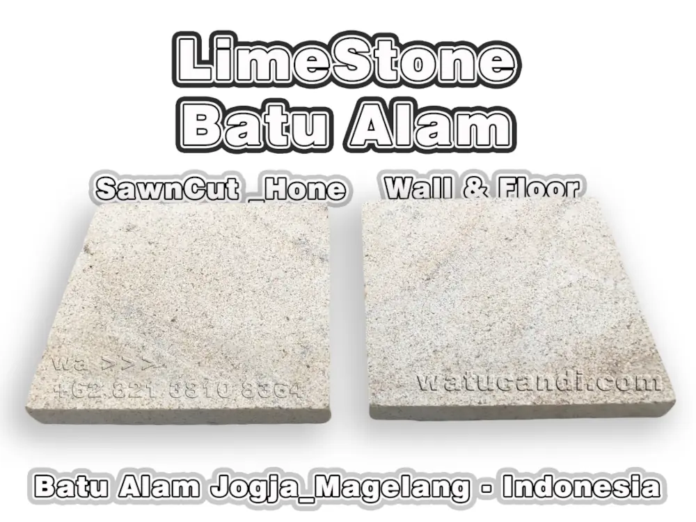 Ubin batu alam sandstone dan limestone dari Indonesia menampilkan nada beige creamy dan coklat hangat untuk aplikasi pelapis dinding dan lantai
