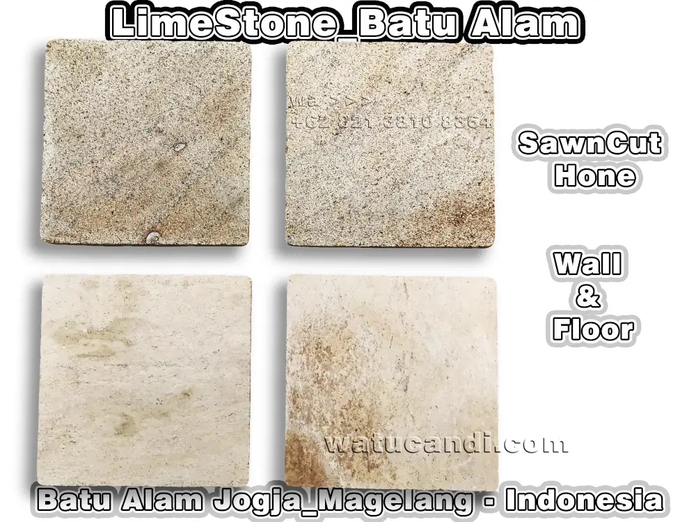 Ubin batu alam untuk dijual dari Indonesia menampilkan varietas limestone dan sandstone untuk aplikasi dinding dan lantai dalam nada beige, cream, dan hijau dari Palimanan, Sukabumi, dan Yogyakarta