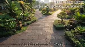 حديقة الألواح الحجرية مع أرضيات الأنديسايت واللافا الأسود بأسلوب بوروبودور من Watucandi إندونيسيا