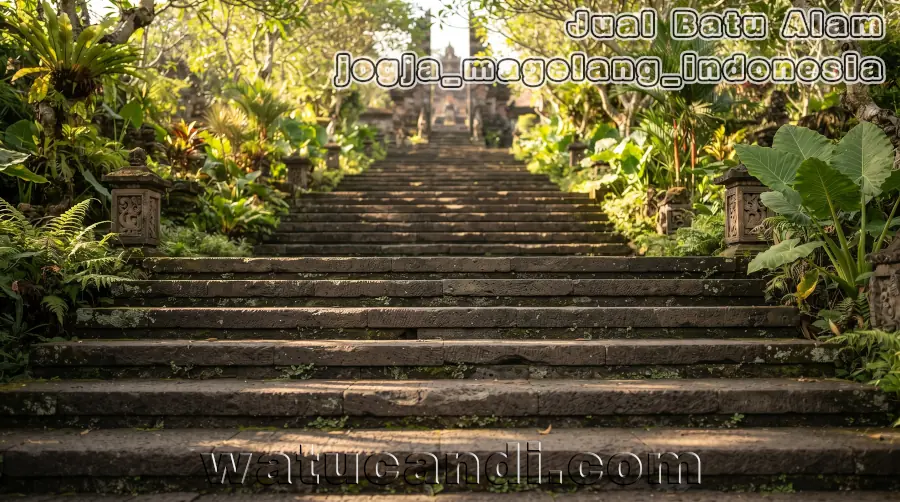 Steintreppe im Garten mit handgefertigtem Trittstein aus schwarzer Lava von Merapi von Watucandi Indonesien
