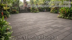 Temple stone flooring in park with handmade black lava stepping stone from Merapi by Watucandi Indonesia