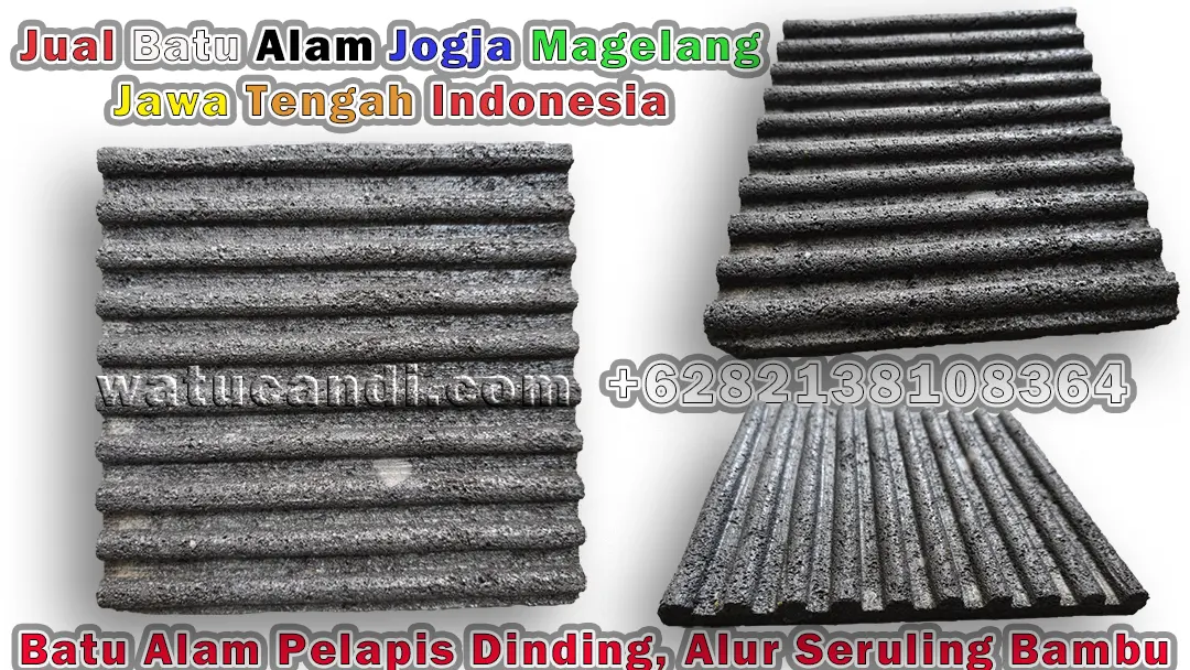 Three angle variations of Merapi lava natural stone tiles with bamboo flute groove texture, from Jogja Magelang Indonesia