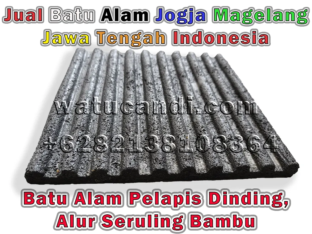 Sudut pandang rendah ubin batu lava Merapi dengan alur seruling bambu, memperlihatkan bagian timbul setengah lingkaran dan cekungan datar pada permukaan batu
