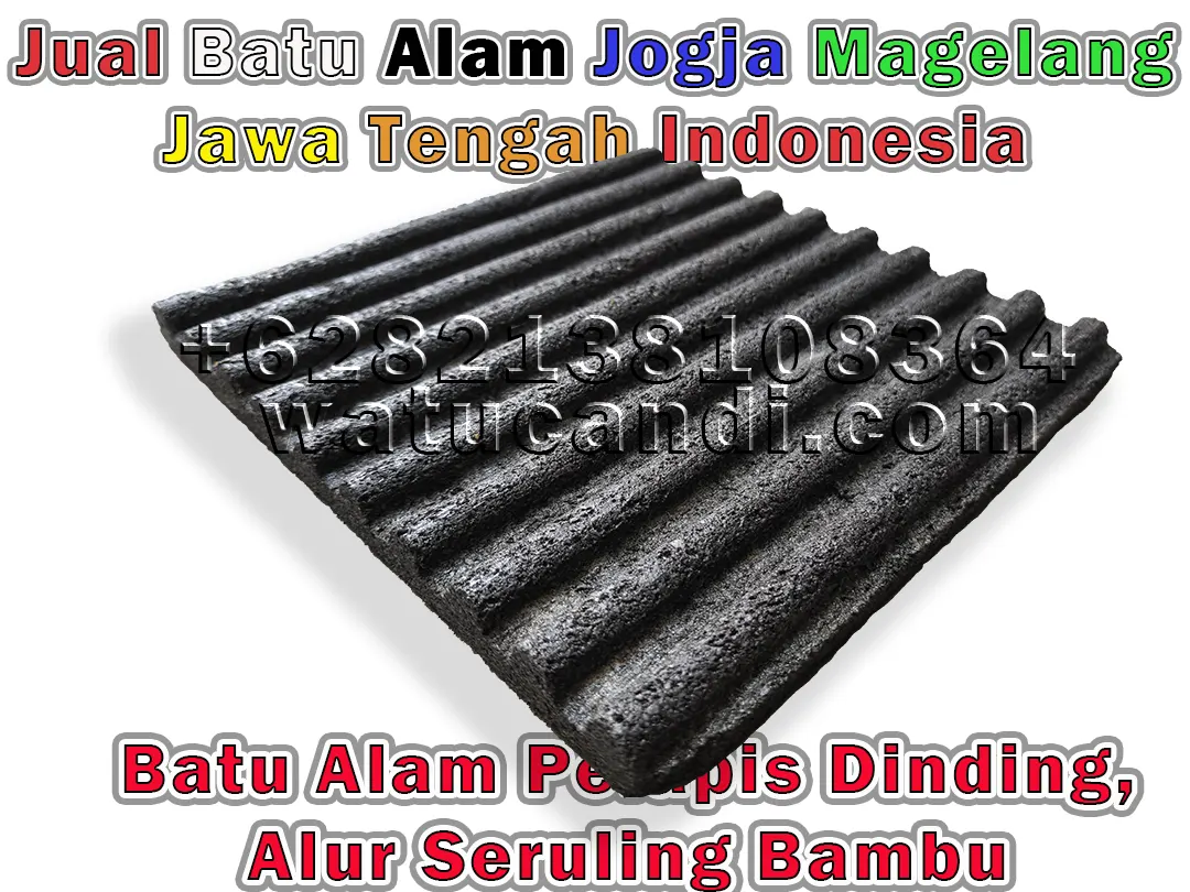 Ubin batu lava Merapi ukuran bervariasi dengan alur seruling bambu dilihat dari sudut samping, menunjukkan kerapatan sambungan dan keseragaman garis