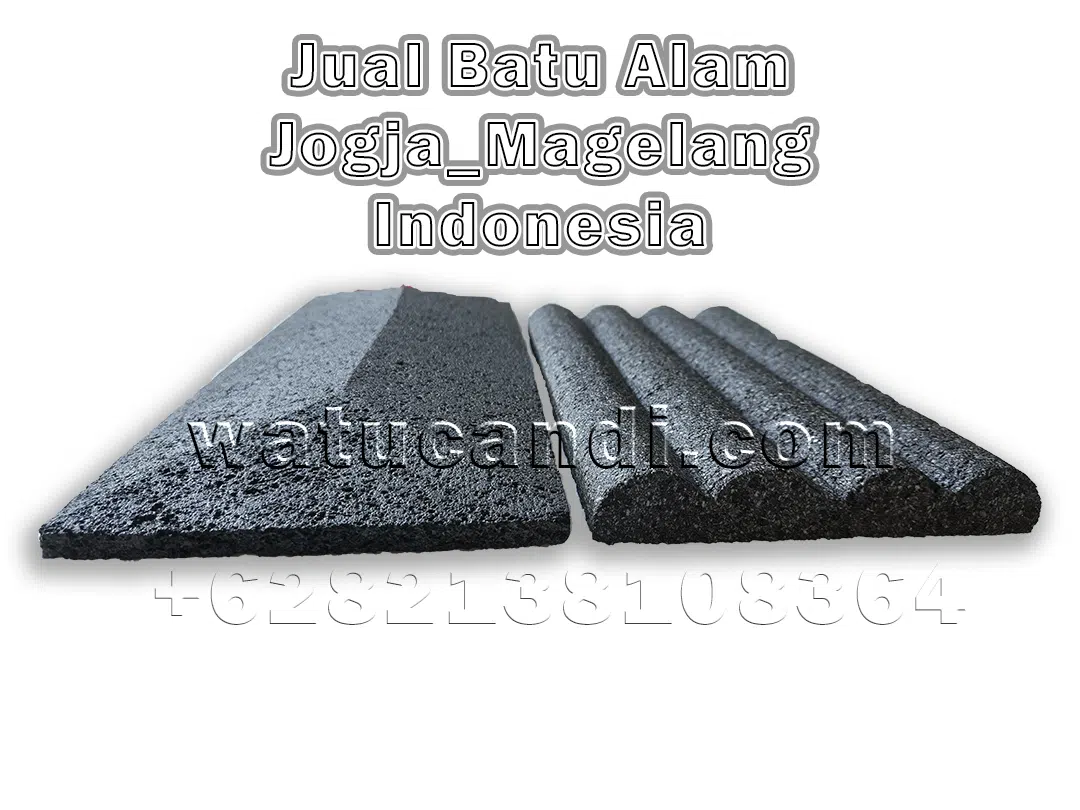 Tampak samping model batu alam lava candi 3D prisma dan bambu sebagai pelapis dekorasi dinding